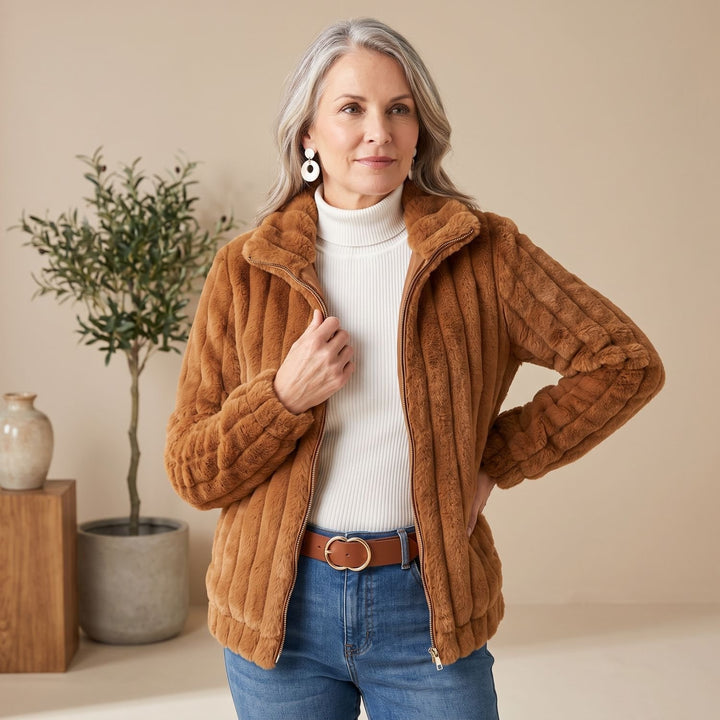 Women's Plush Ribbed Zip-Up Faux Fur Teddy Jacket - Khaki