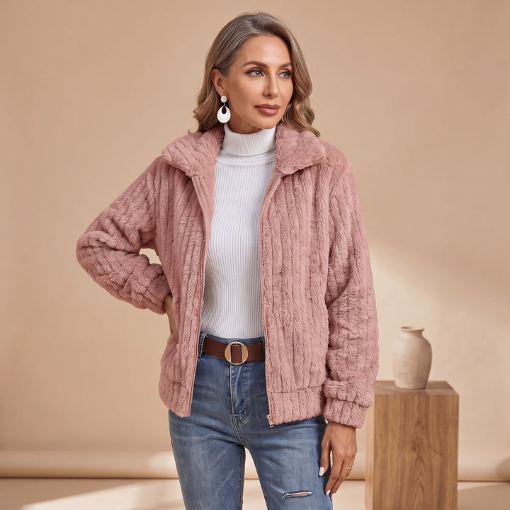 Women's Plush Ribbed Zip-Up Faux Fur Teddy Jacket - Pink