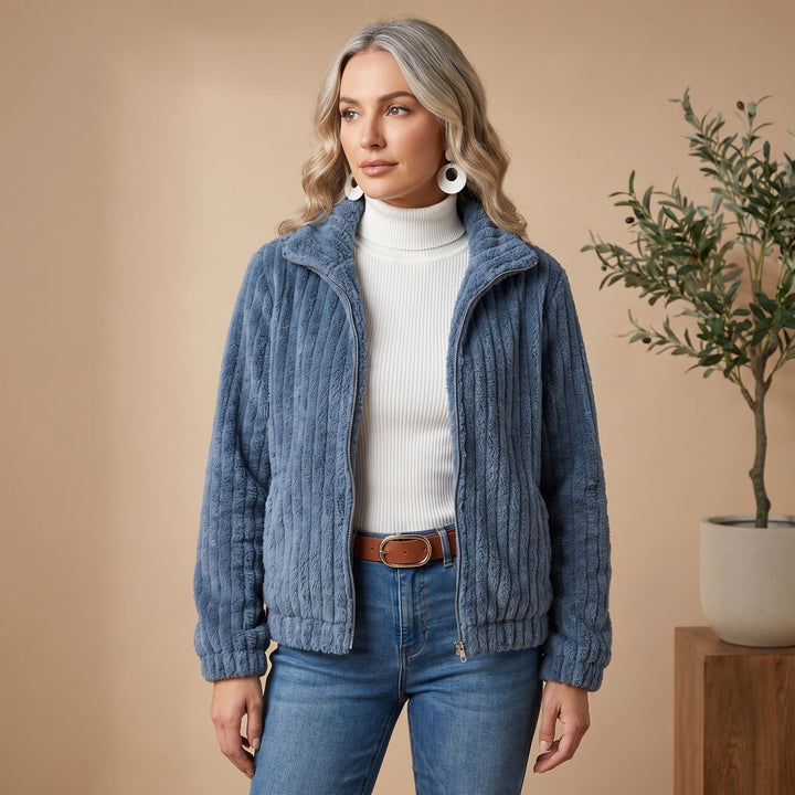 Women's Plush Ribbed Zip-Up Faux Fur Teddy Jacket - Light Denim