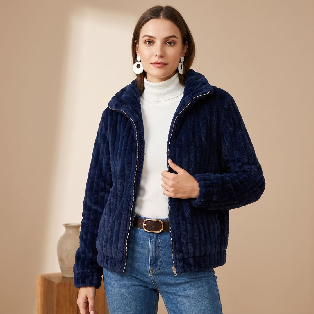 Women's Plush Ribbed Zip-Up Faux Fur Teddy Jacket - Dark Blue