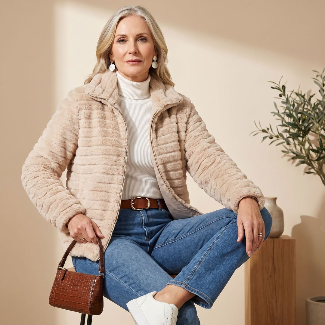 Women's Plush Ribbed Zip-Up Faux Fur Teddy Jacket