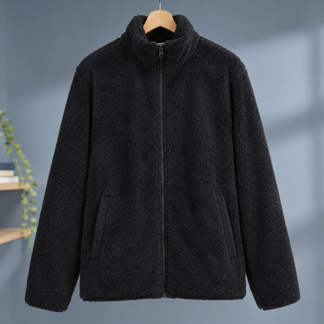 Women's Plush Sherpa Full-Zip Stand-Collar Fleece Jacket - Black