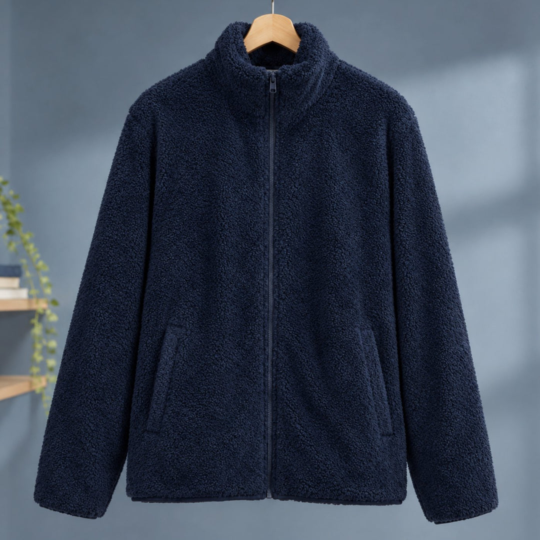 Women's Plush Sherpa Full-Zip Stand-Collar Fleece Jacket - Navy Blue