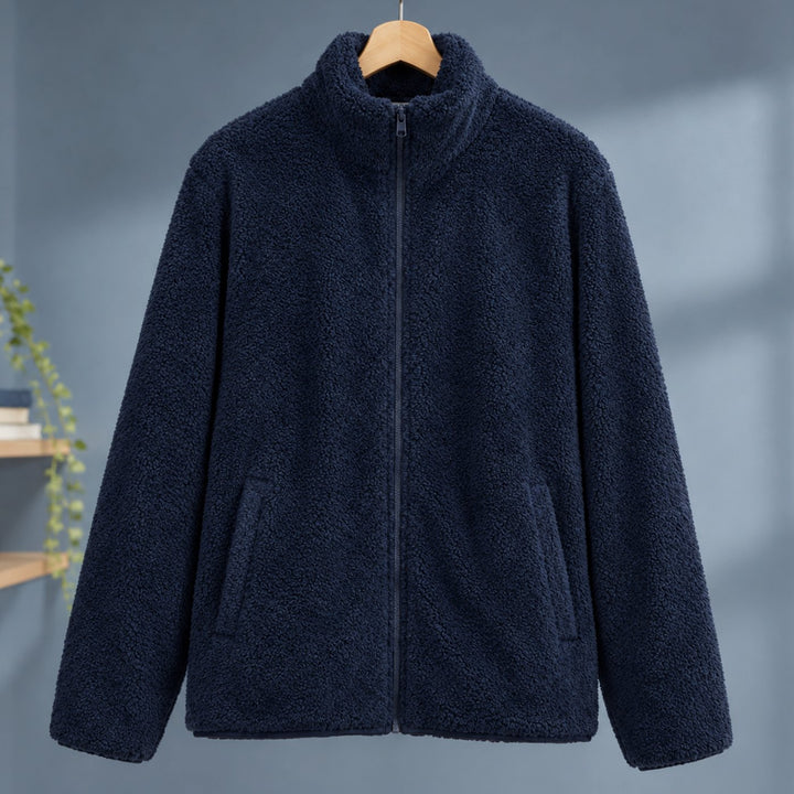 Women's Plush Sherpa Full-Zip Stand-Collar Fleece Jacket - Navy Blue