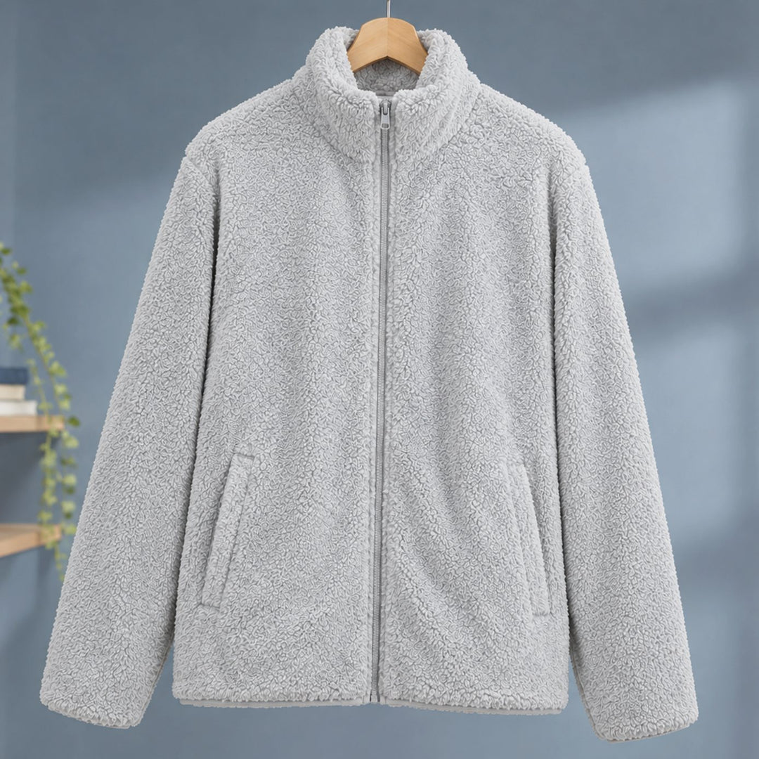 Women's Plush Sherpa Full-Zip Stand-Collar Fleece Jacket - Light Gray