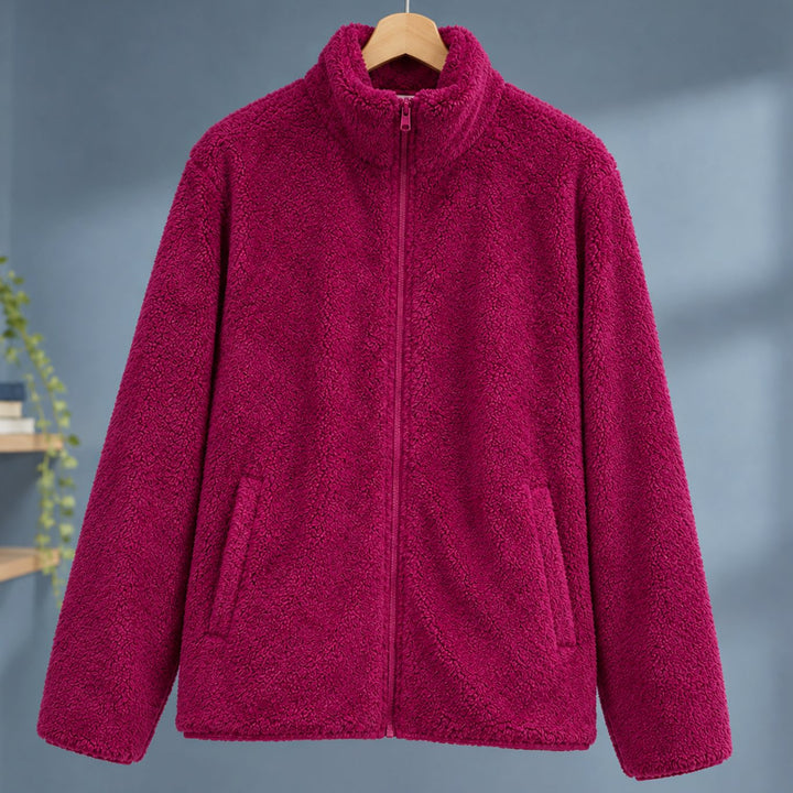 Women's Plush Sherpa Full-Zip Stand-Collar Fleece Jacket - Red