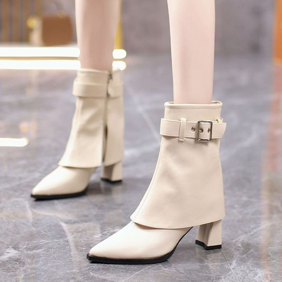 Women's Pointed-Toe Block-Heel Buckle Ankle Boots - Cream
