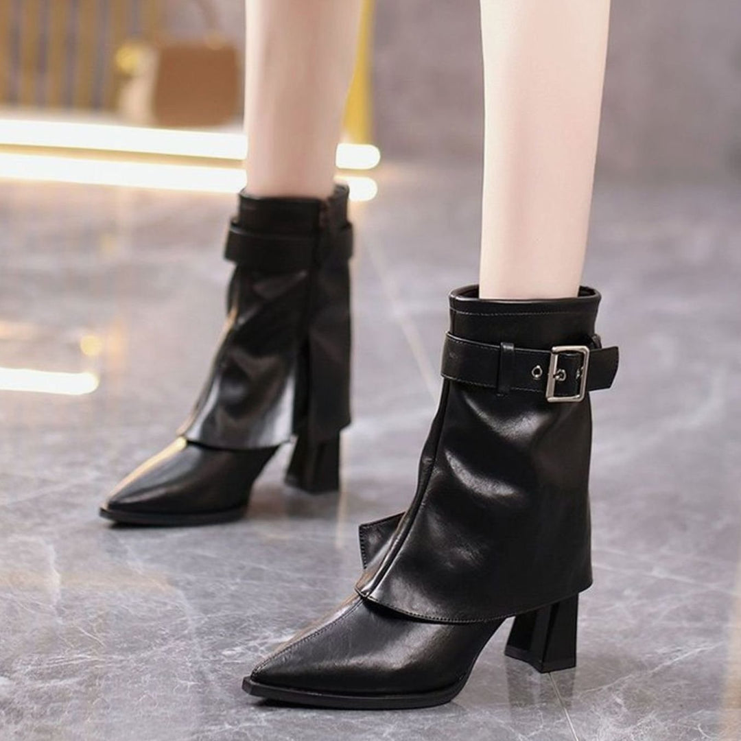 Women's Pointed-Toe Block-Heel Buckle Ankle Boots - Black