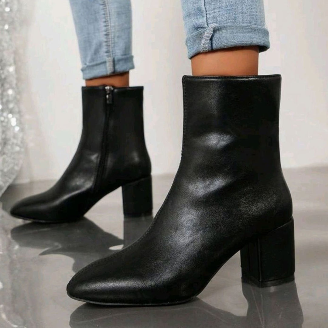 Women's Pointed-Toe Block-Heel Side-Zip Ankle Boots - Black