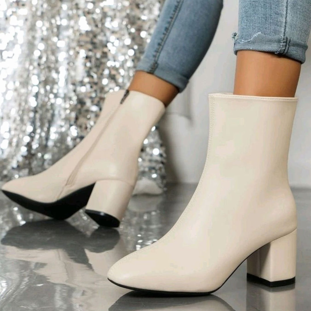 Women's Pointed-Toe Block-Heel Side-Zip Ankle Boots - Beige
