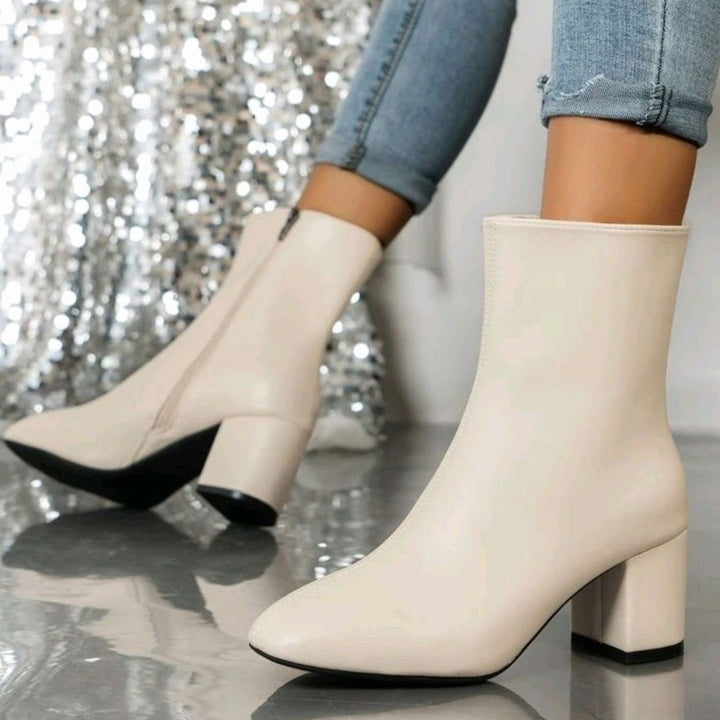 Women's Pointed-Toe Block-Heel Side-Zip Ankle Boots - Beige
