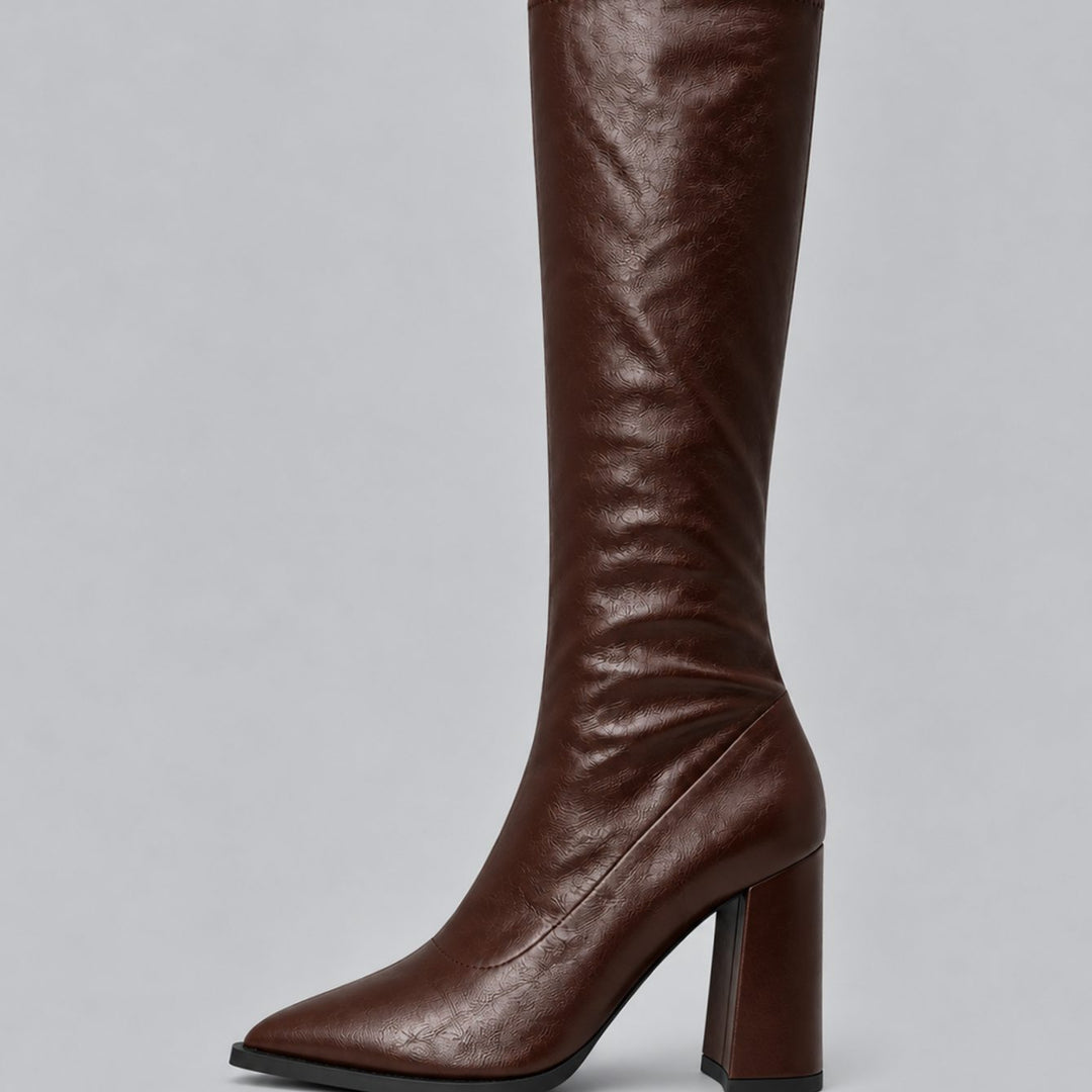 Women's Pointed-Toe Knee-High Boots Chunky Block Heel - Brown
