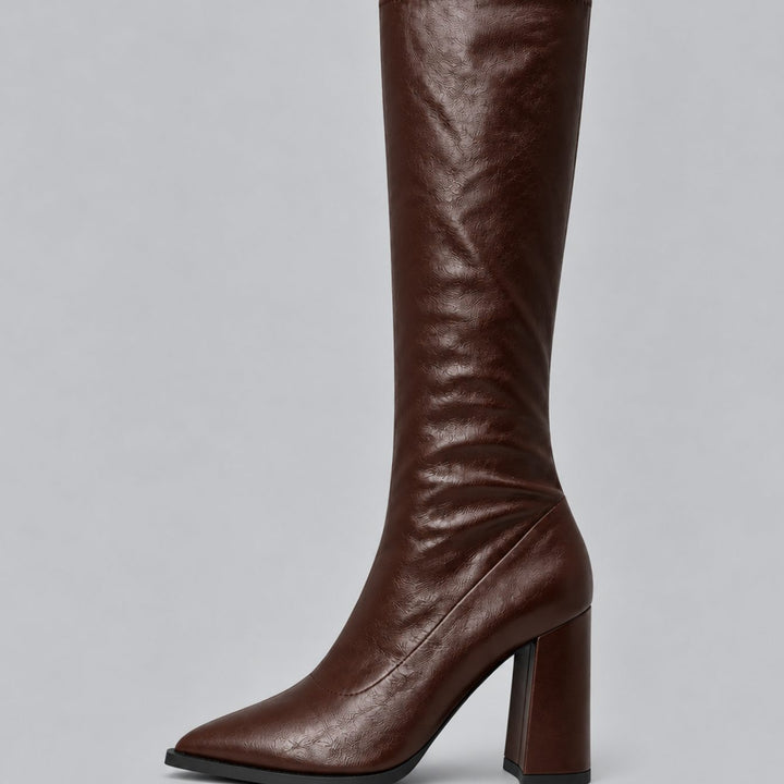 Women's Pointed-Toe Knee-High Boots Chunky Block Heel - Brown