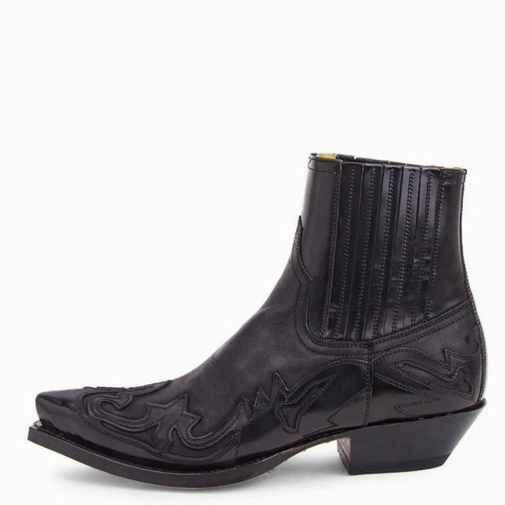 Women's Pointed-Toe Western Ankle Cowboy Boots Elastic Leather - Black
