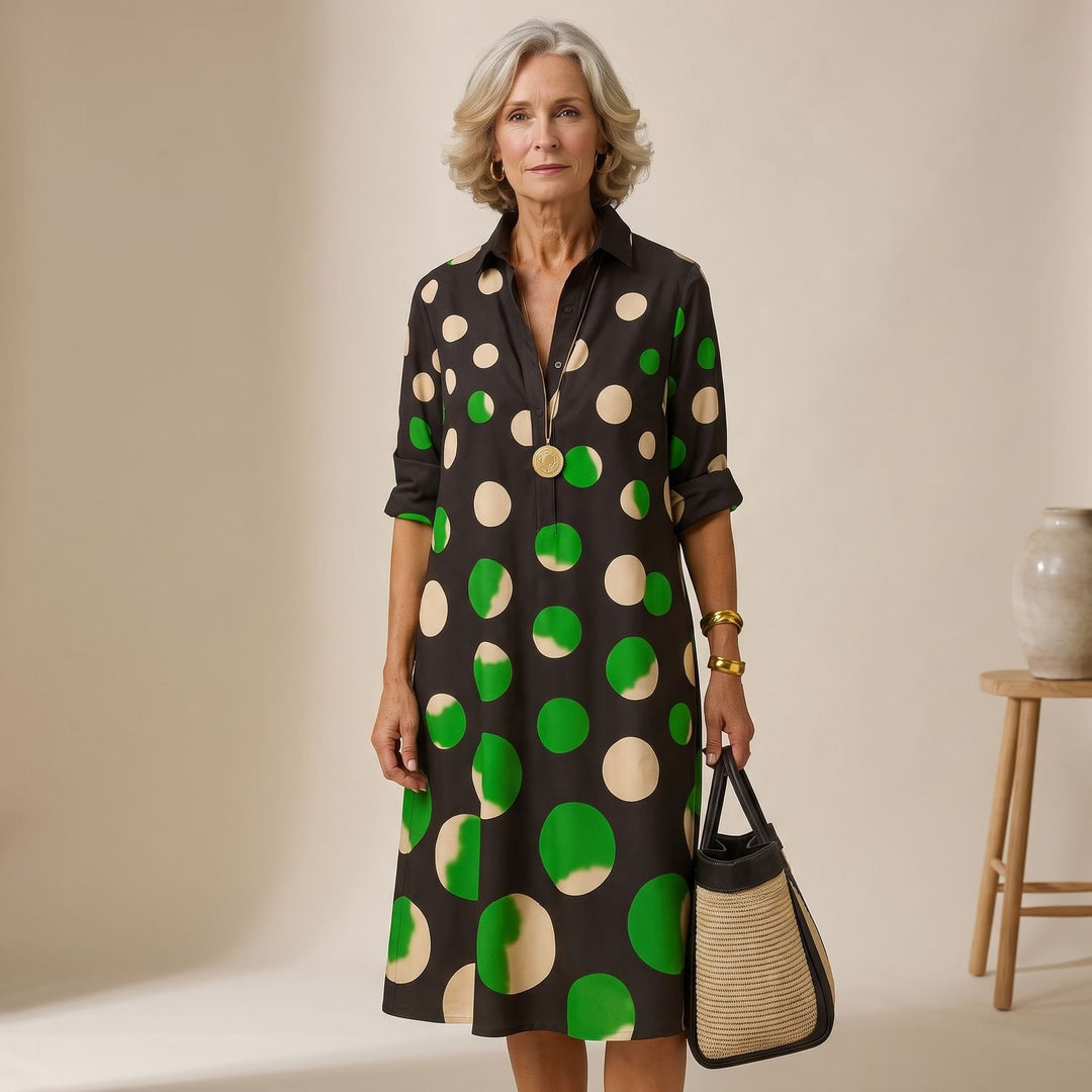Women's Polka Dot Collared Shirt Midi Dress - Black