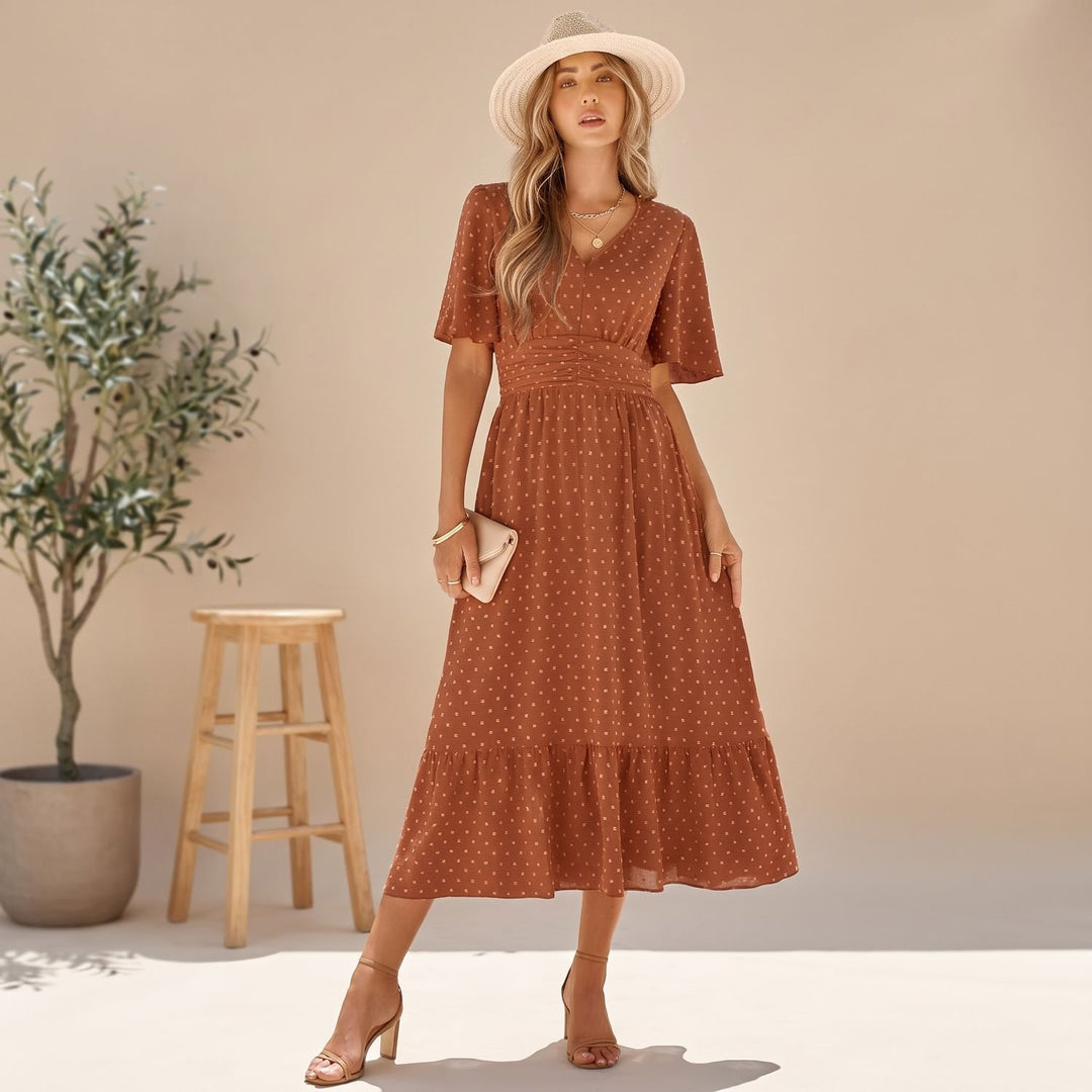 Women's Polka Dot V-Neck Flutter Sleeve Midi Dress - Red