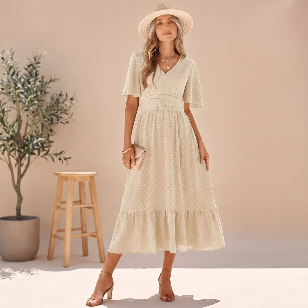 Women's Polka Dot V-Neck Flutter Sleeve Midi Dress - Cream