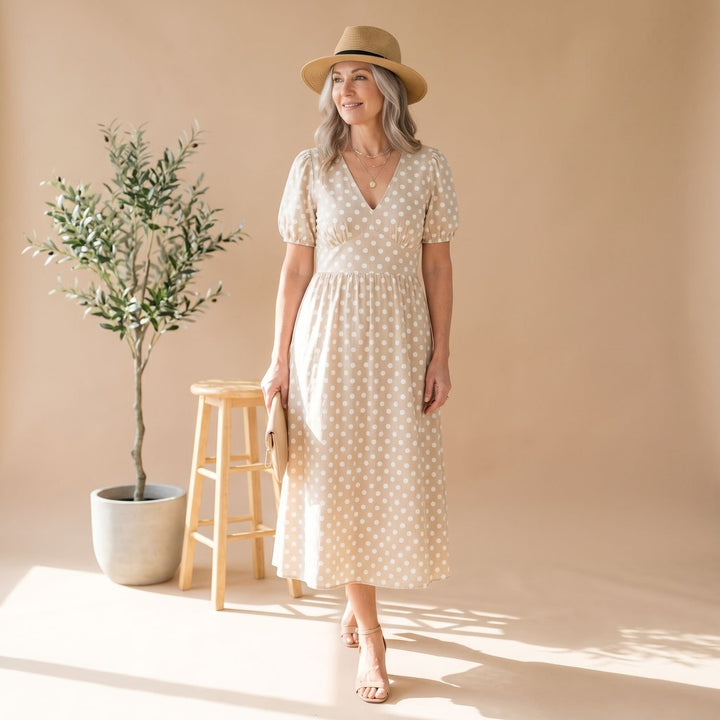 Women's Polka Dot V-Neck Flutter Sleeve Midi Dress
