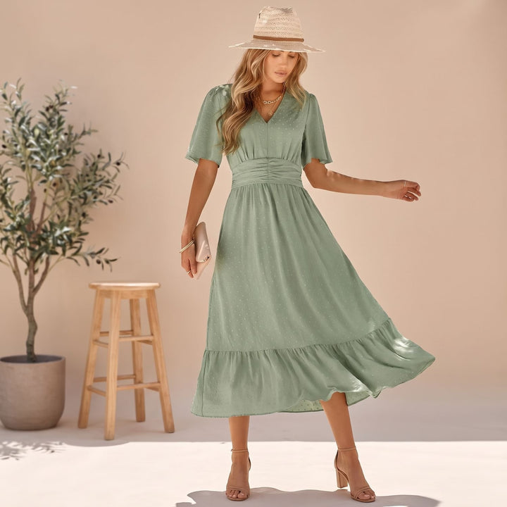 Women's Polka Dot V-Neck Flutter Sleeve Midi Dress - Green