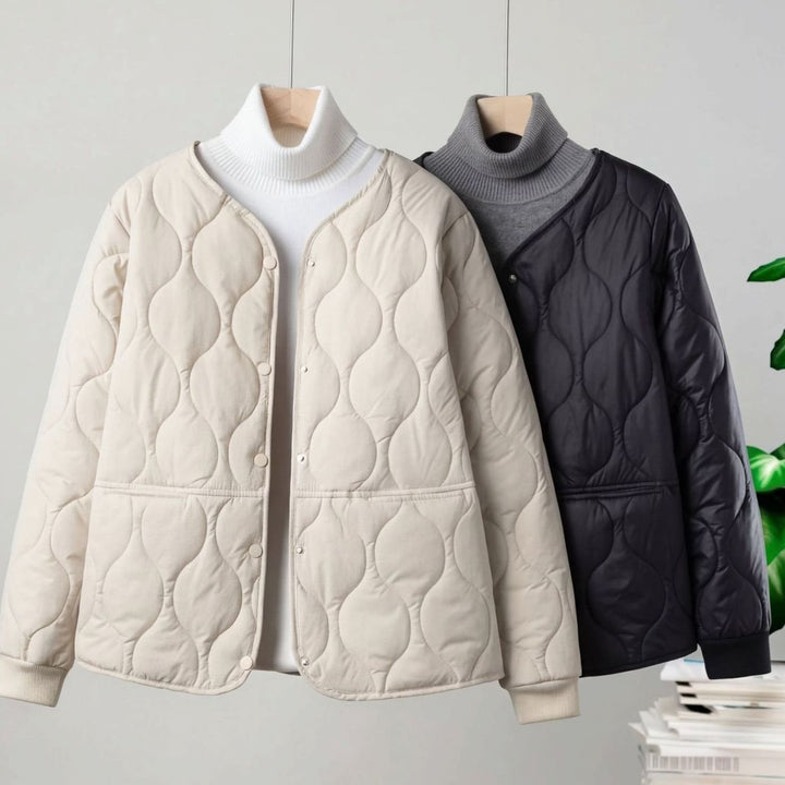 Women's Quilted Cotton-Padded V-Neck Snap-Button Jacket - White