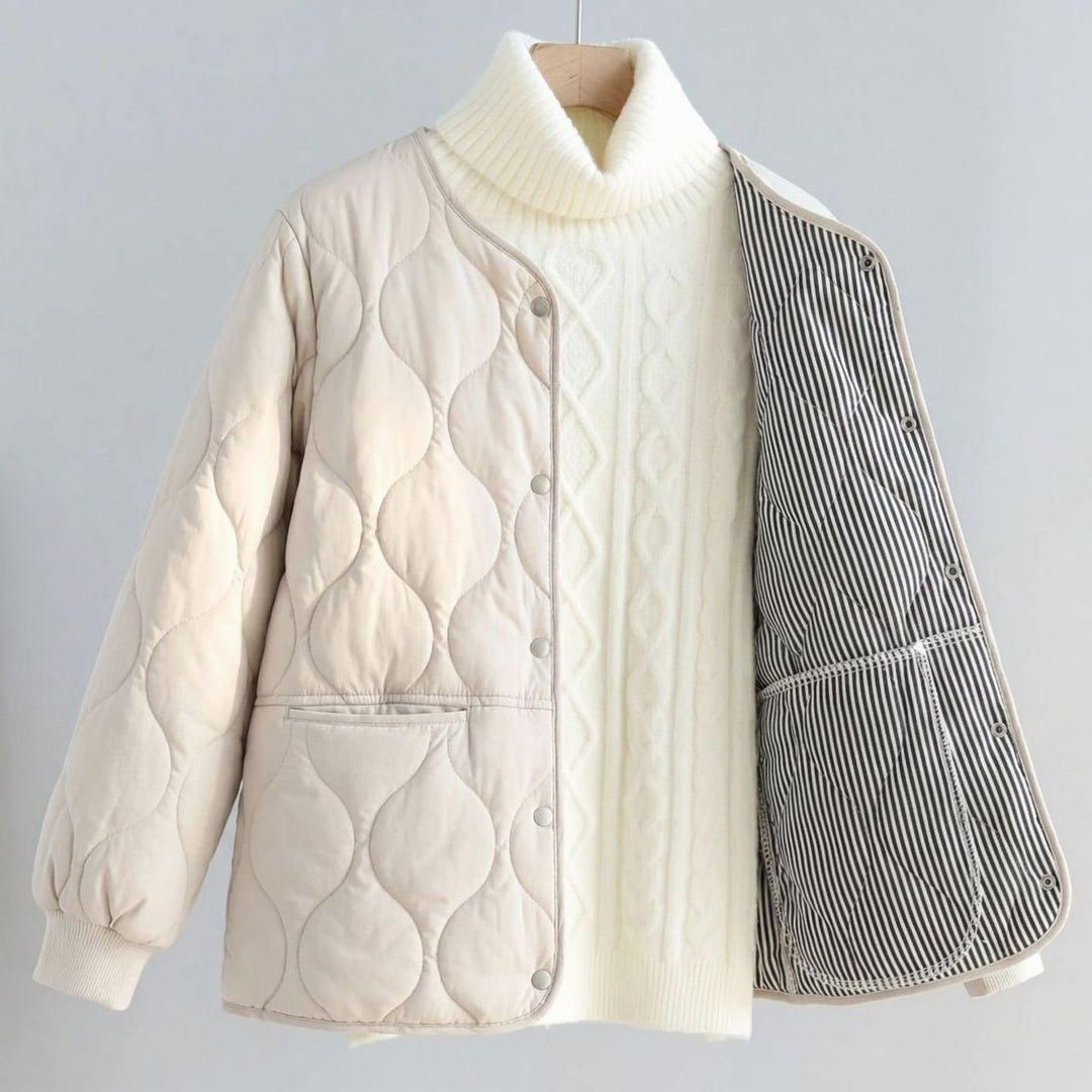 Women's Quilted Cotton-Padded V-Neck Snap-Button Jacket - Black