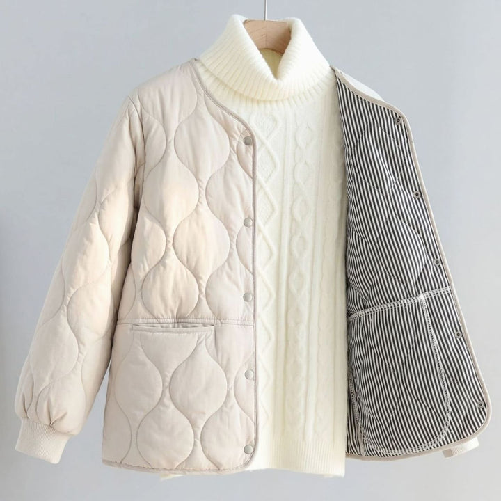 Women's Quilted Cotton-Padded V-Neck Snap-Button Jacket - Black