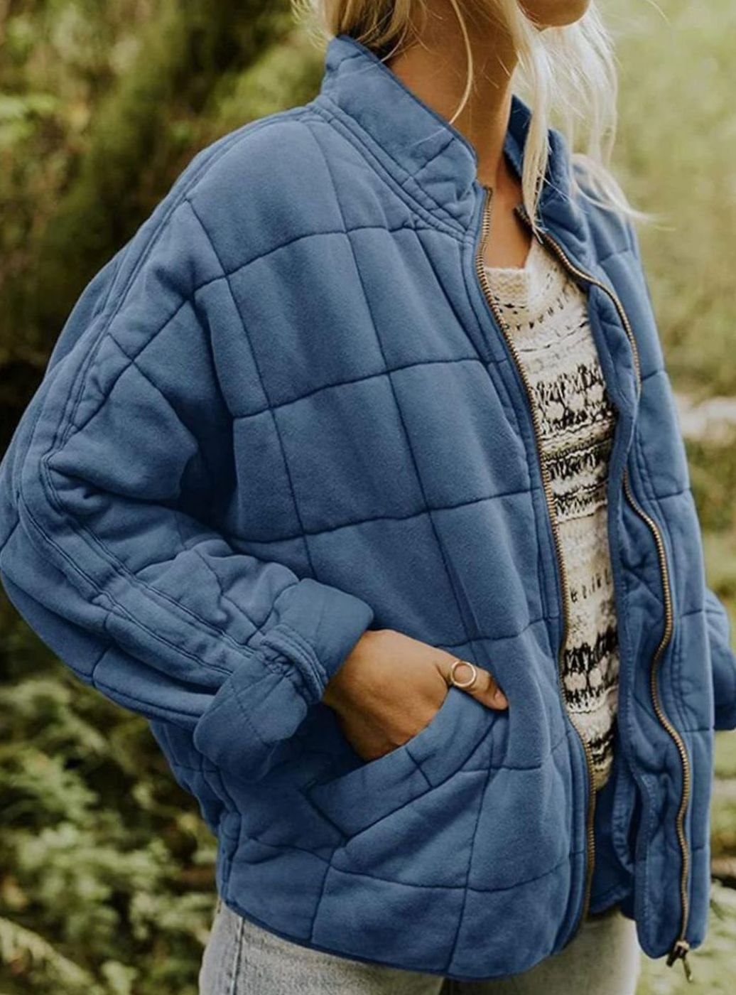Women's Quilted Fashion Jacket Stand Collar Full-Zip - Blue
