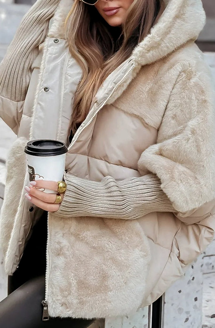 Women's Quilted Faux Fur Hooded Puffer Jacket - Beige