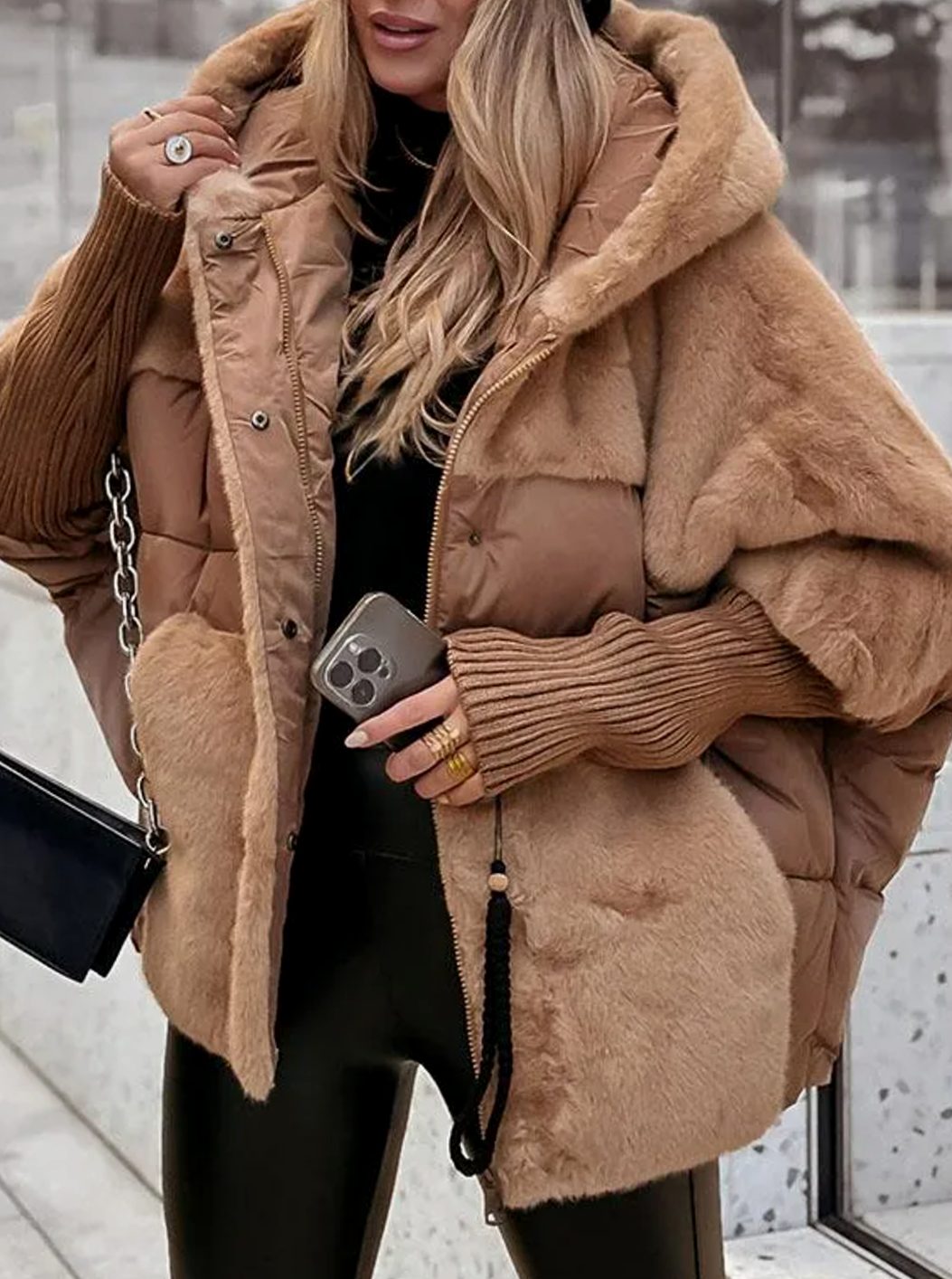 Women's Quilted Faux Fur Hooded Puffer Jacket - Brown