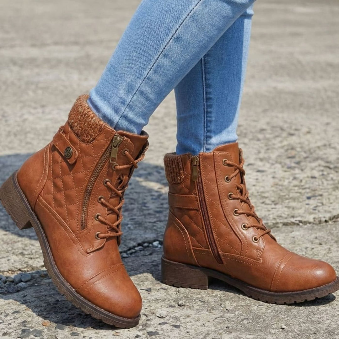 Women's Quilted Faux-Leather Lace-Up Block Heel Ankle Boots - Brown