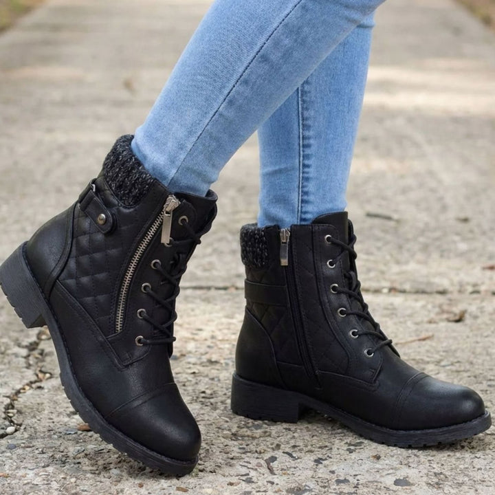 Women's Quilted Faux-Leather Lace-Up Block Heel Ankle Boots - Black