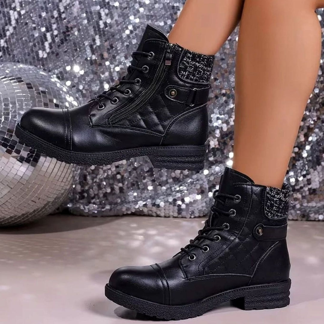 Women's Quilted Faux-Leather Lace-Up Block Heel Ankle Boots