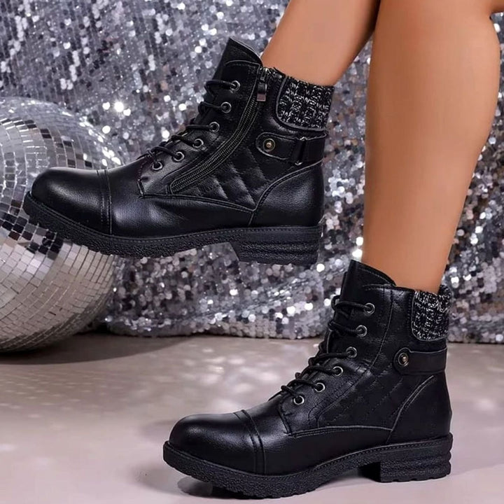 Women's Quilted Faux-Leather Lace-Up Block Heel Ankle Boots