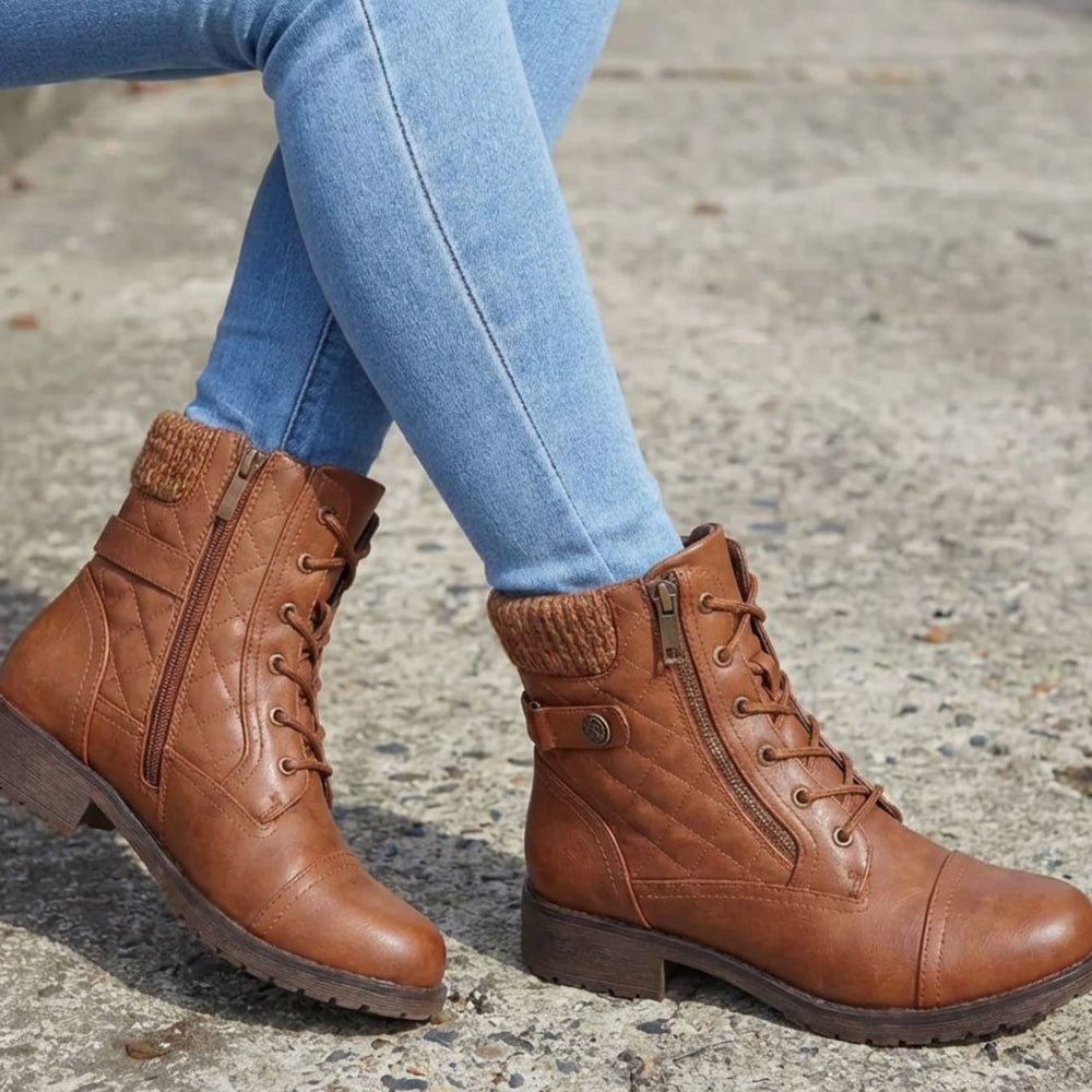 Women's Quilted Faux-Leather Lace-Up Block Heel Ankle Boots