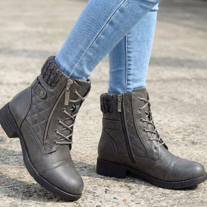 Women's Quilted Faux-Leather Lace-Up Block Heel Ankle Boots - Gray