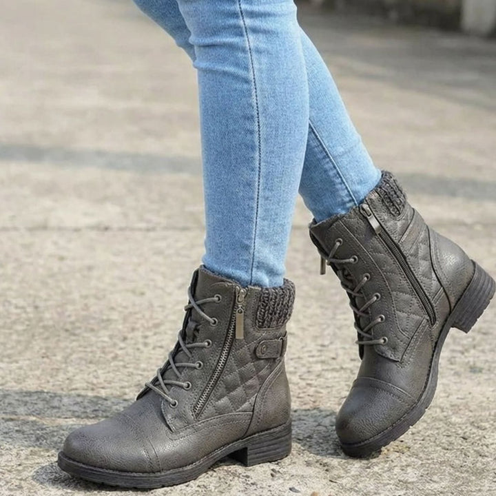 Women's Quilted Faux-Leather Lace-Up Block Heel Ankle Boots