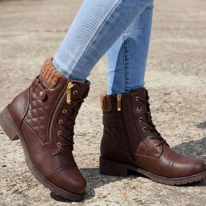 Women's Quilted Faux-Leather Lace-Up Block Heel Ankle Boots - Dark Brown