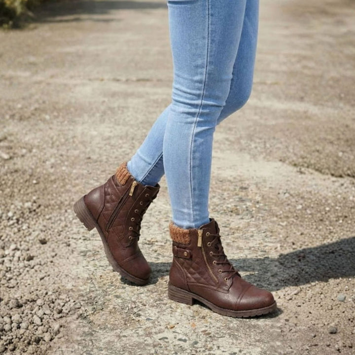 Women's Quilted Faux-Leather Lace-Up Block Heel Ankle Boots