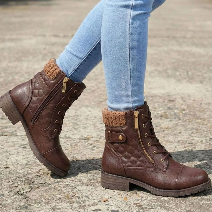 Women's Quilted Faux-Leather Lace-Up Block Heel Ankle Boots