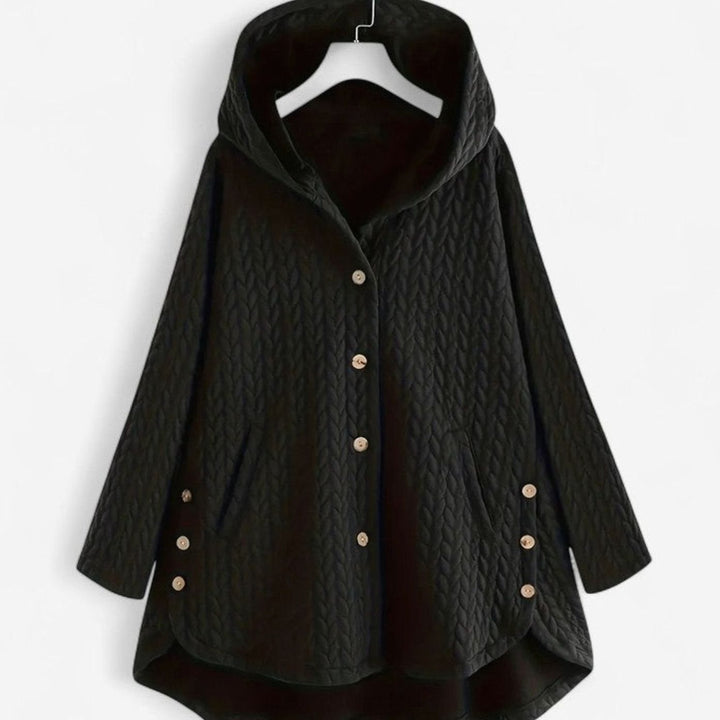 Women's Quilted Hooded Button-Front Asymmetric Coat - Black