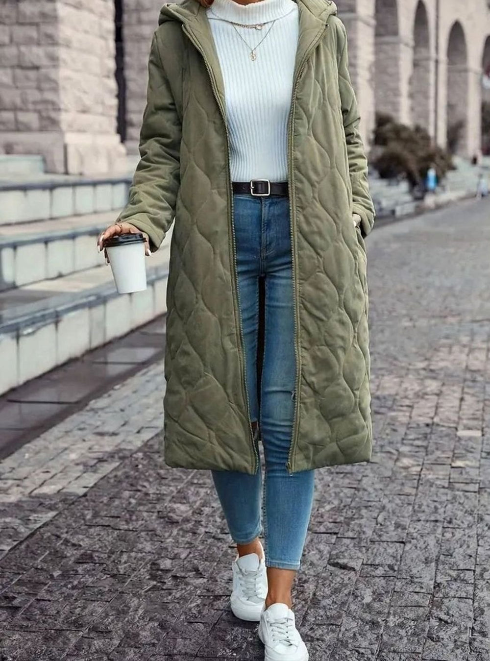 Women's Quilted Hooded Puffer Jacket Long Zip-Up Coat