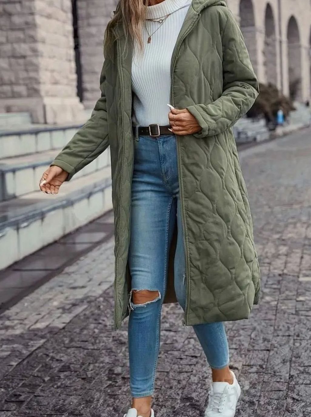 Women's Quilted Hooded Puffer Jacket Long Zip-Up Coat