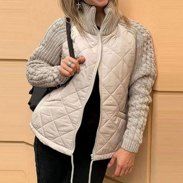 Women's Quilted Knit Sleeve Puffer Jacket High Collar Full Zip - Cream