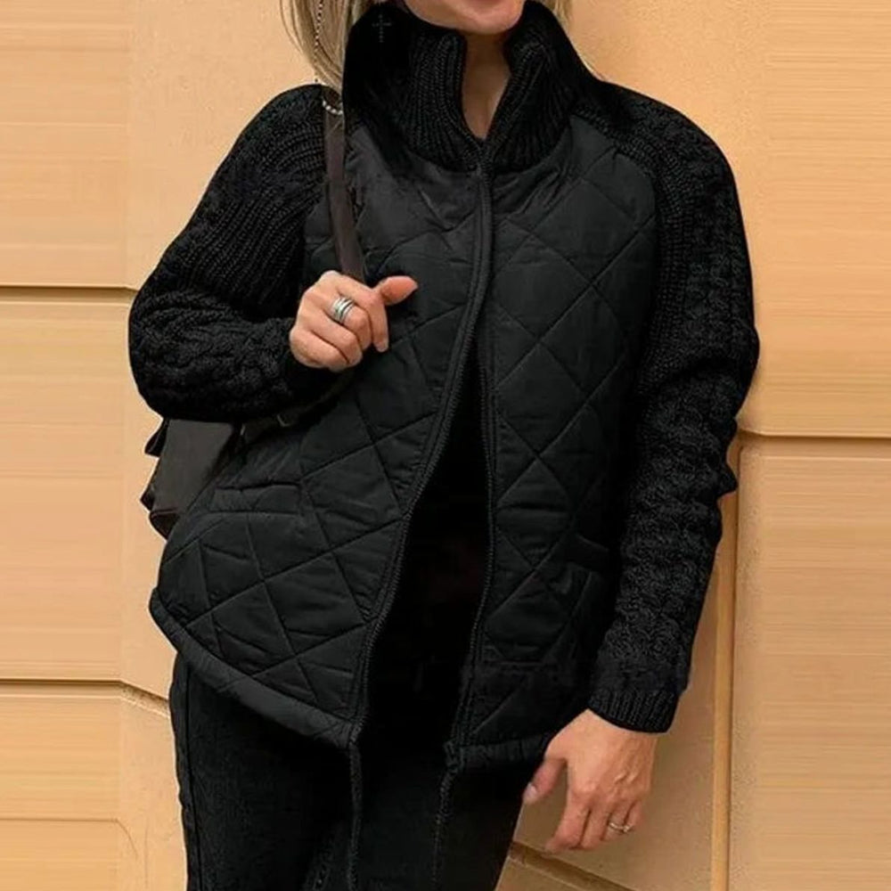 Women's Quilted Knit Sleeve Puffer Jacket High Collar Full Zip - Black