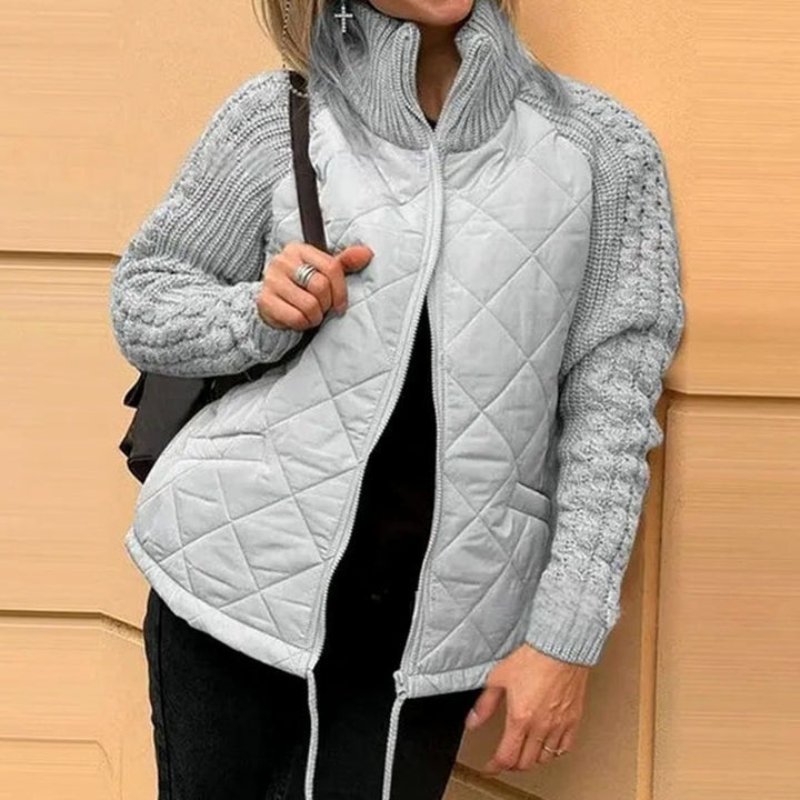 Women's Quilted Knit Sleeve Puffer Jacket High Collar Full Zip - Gray