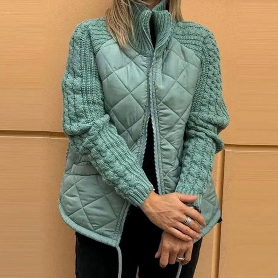Women's Quilted Knit Sleeve Puffer Jacket High Collar Full Zip - Light Green