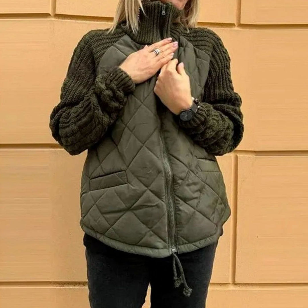 Women's Quilted Knit Sleeve Puffer Jacket High Collar Full Zip - Dark Green