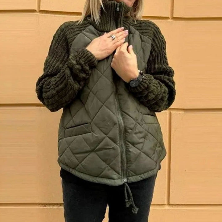 Women's Quilted Knit Sleeve Puffer Jacket High Collar Full Zip - Dark Green