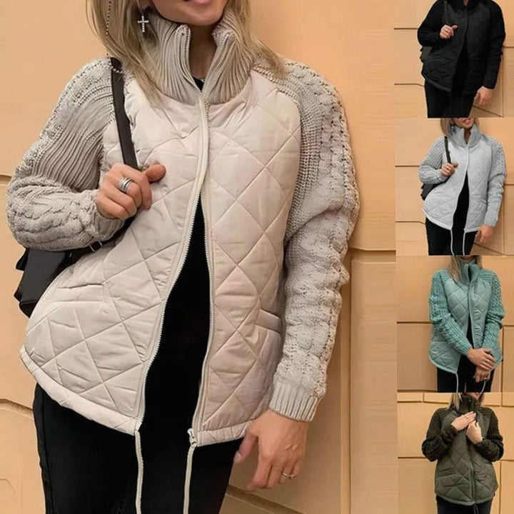 Women's Quilted Knit Sleeve Puffer Jacket High Collar Full Zip