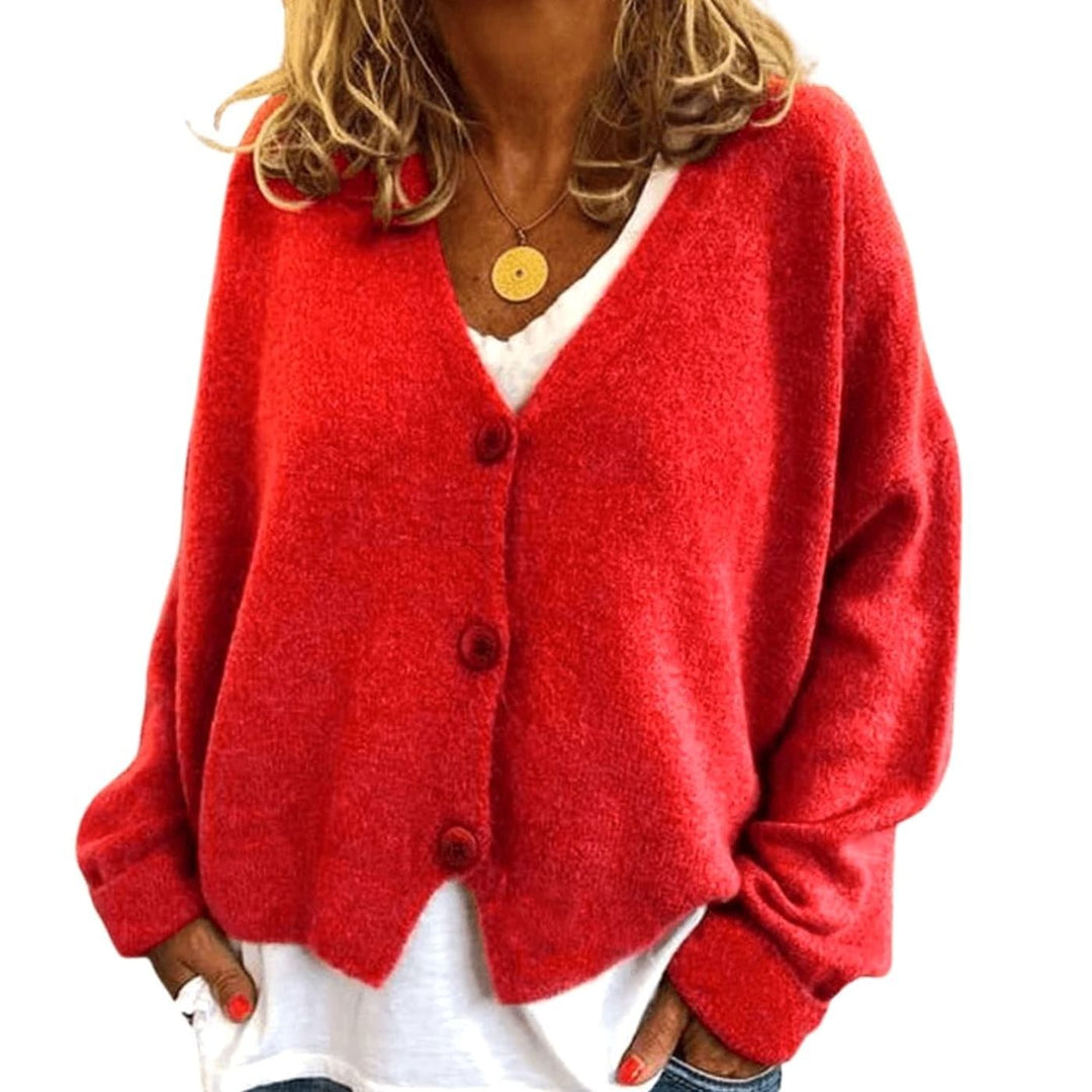 Women's Relaxed Drop-Shoulder V-Neck Button Cardigan - Red